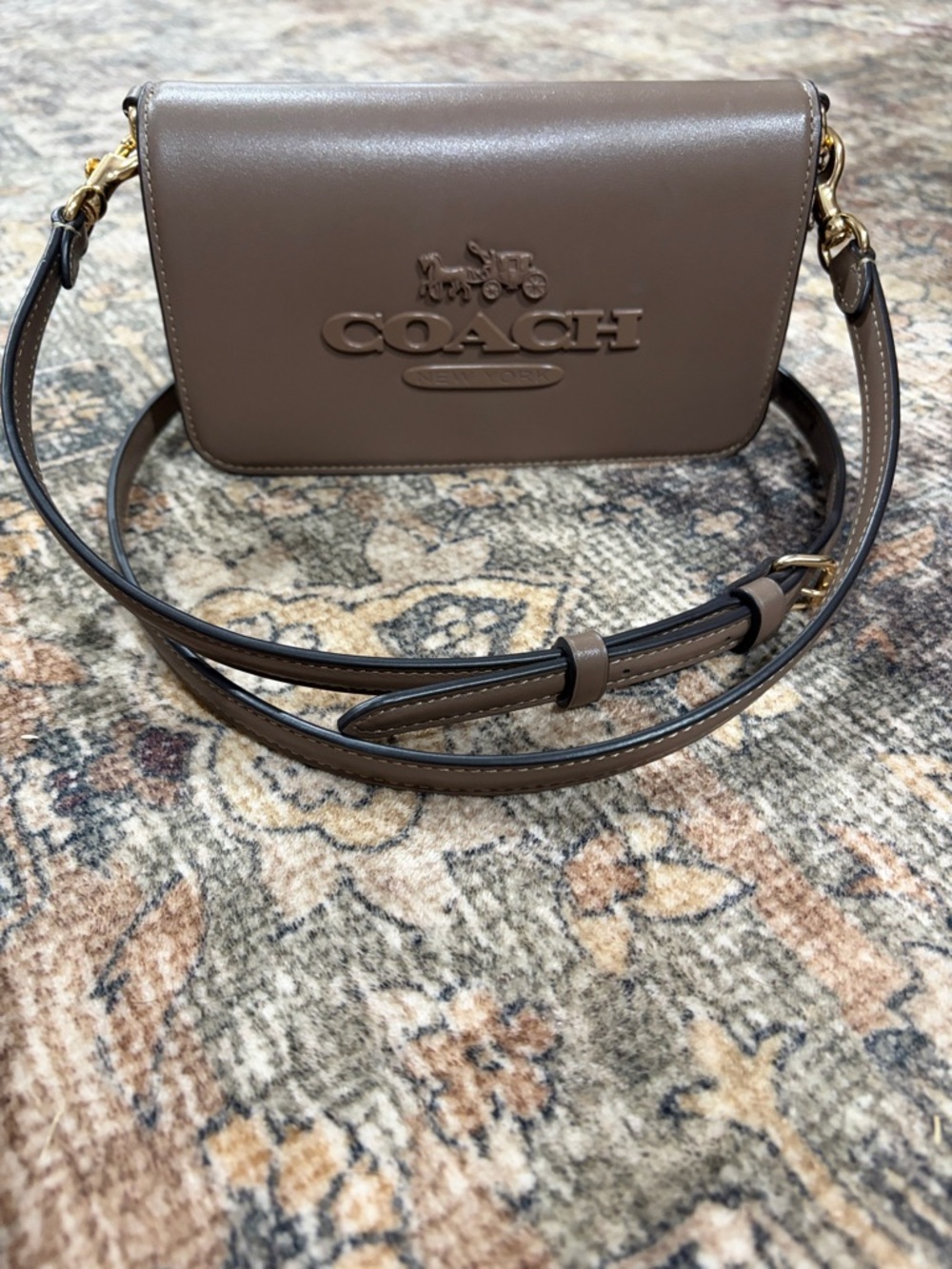 Coach Taupe Brown Leather Crossbody with Logo Detail